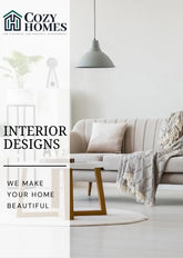 Modern living room with a sofa and decorative elements, featuring Cozy Homes branding.