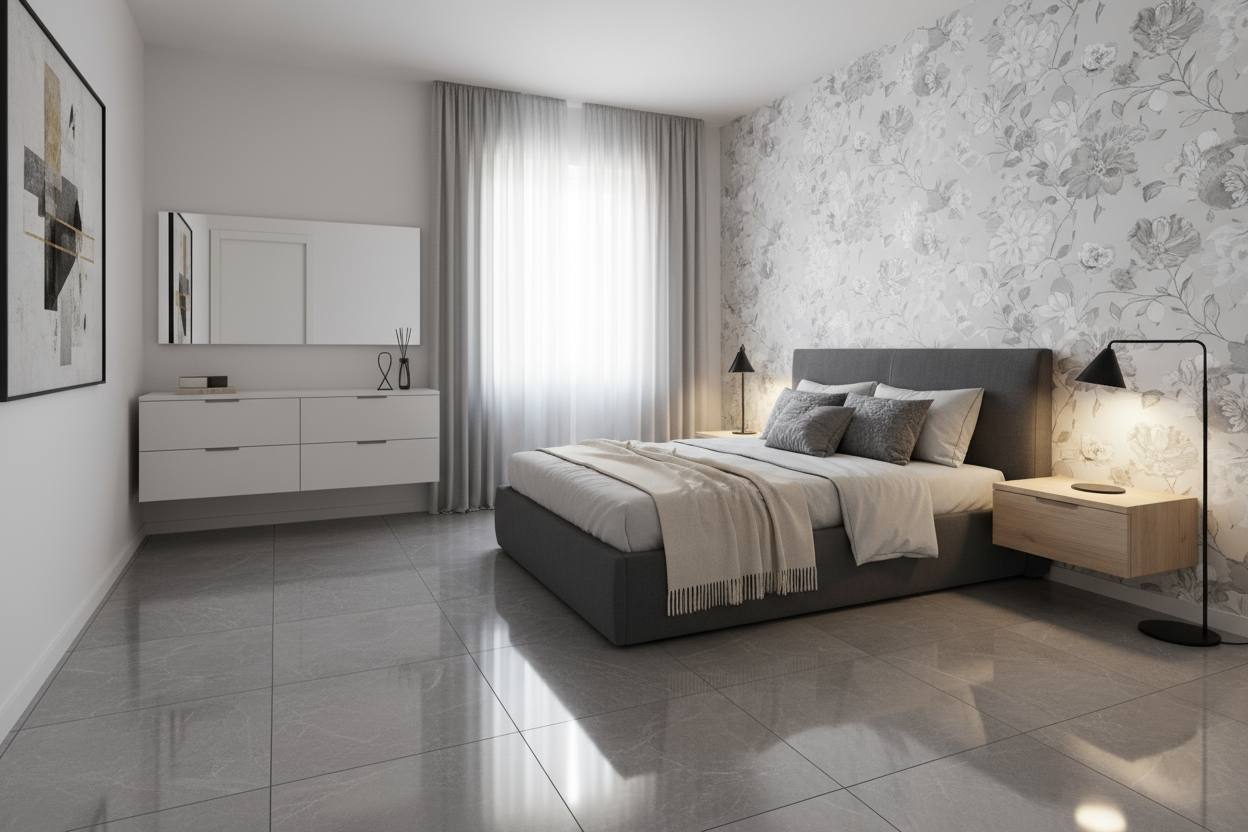 bedroom size 3 * 4 with grey ceramic size 60 cm * 60 cm with flowers wall paper behind the bed in modern design with single bed