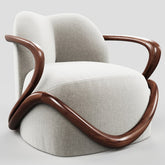 Modern chair with brown wooden armrests on a light gray background
