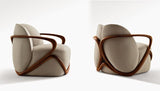 Two modern chairs with beige cushions and brown wooden armrests on a white background