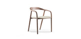 Modern chair with wooden frame and beige seat on a white background