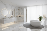 showing large view bathroom in modern design with large size porcelain with marble effect