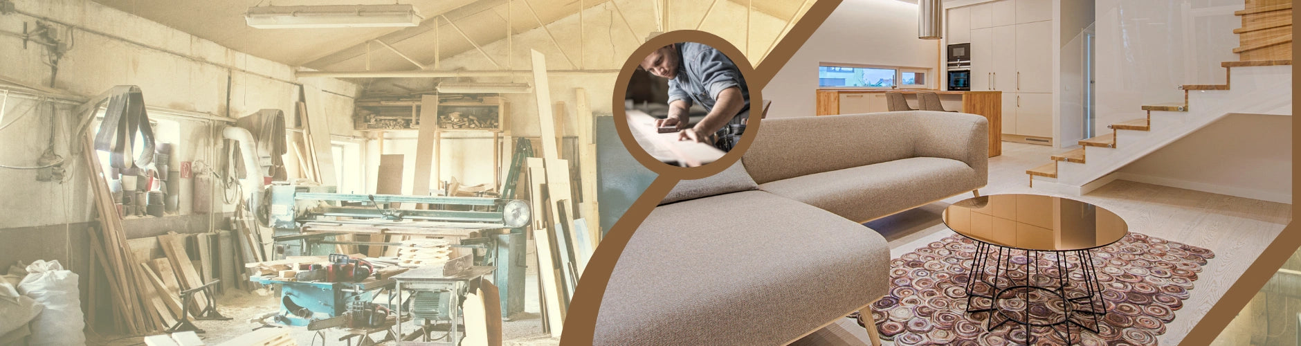 Modern living room with a sofa, coffee table, and staircase. Finishing & home improvement