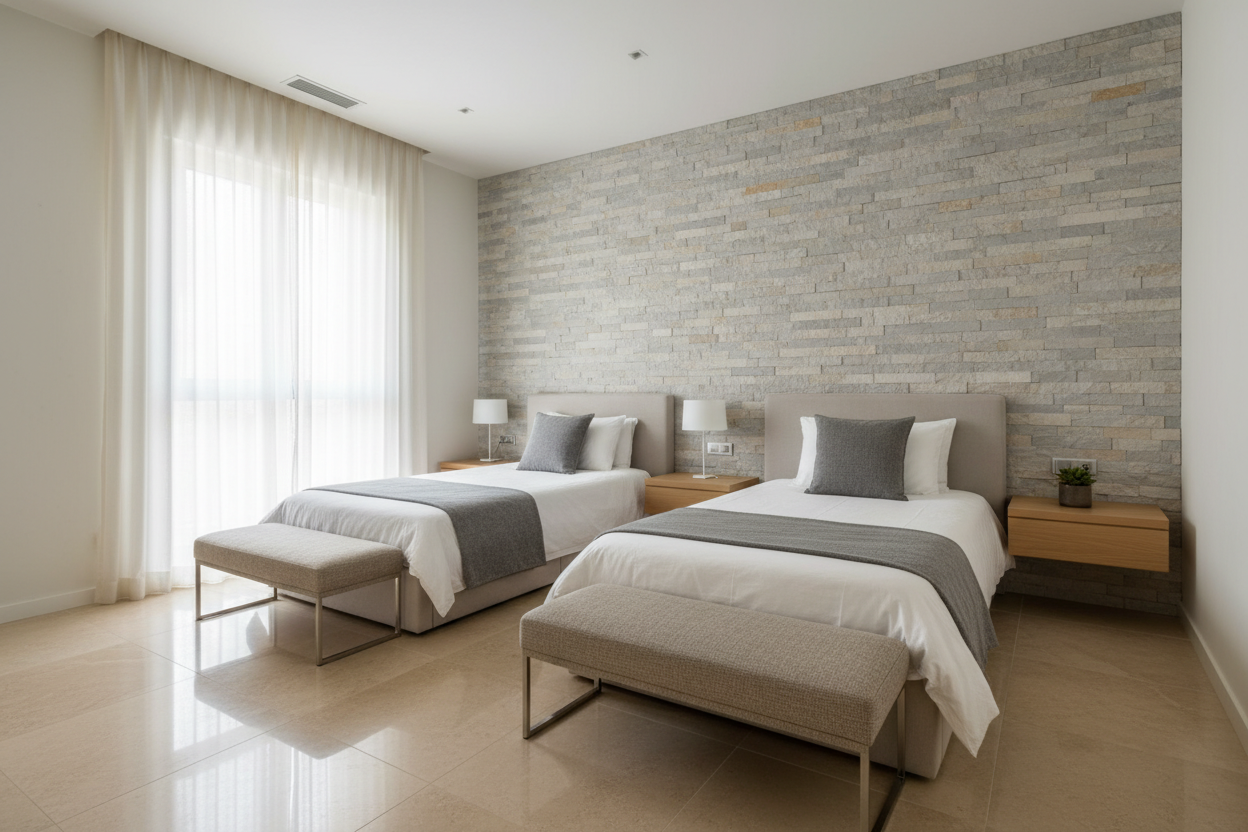 bedroom with modern design porcelain on floors with 2 single beds and stone cladding behind the beds