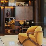 Modern interior with a yellow armchair and wooden cabinet.
