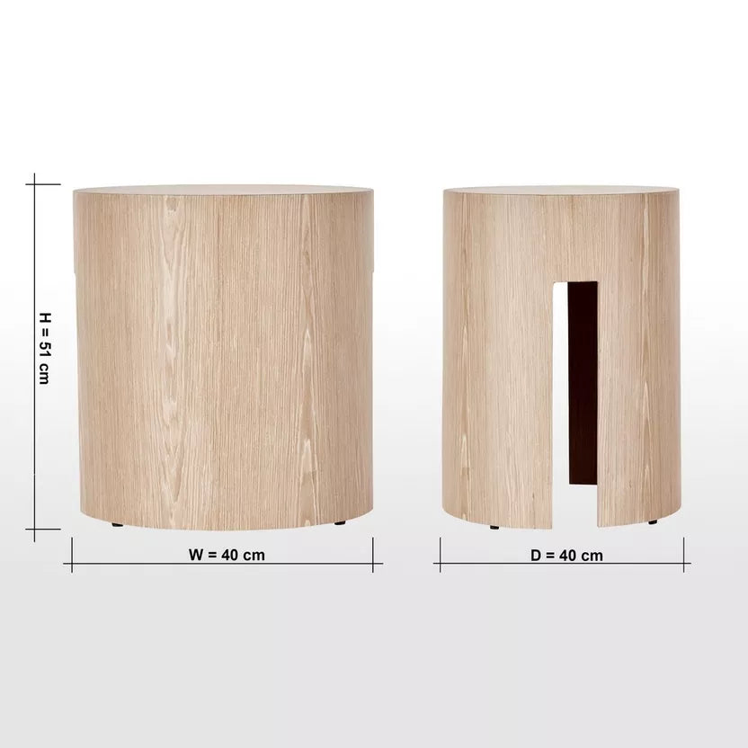 Wooden side table with dimensions on a white background