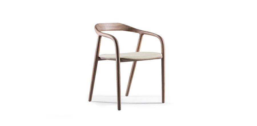 Modern chair with wooden frame and beige seat on a white background