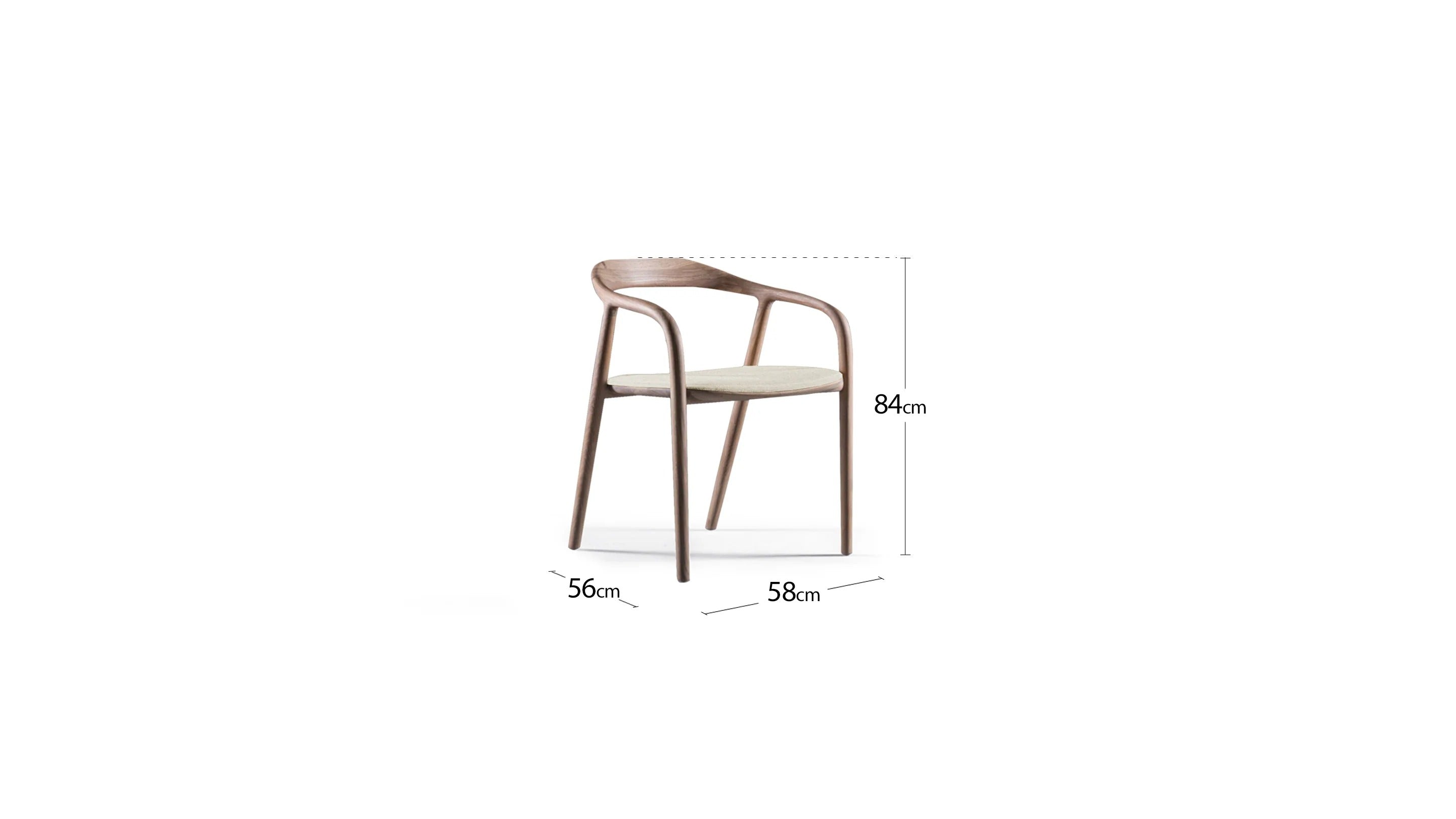 Wooden chair with dimensions labeled on a white background