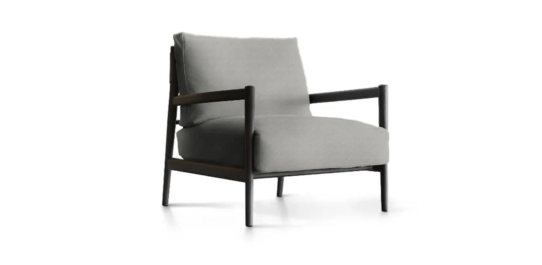 Gray armchair with dark wooden frame on a white background