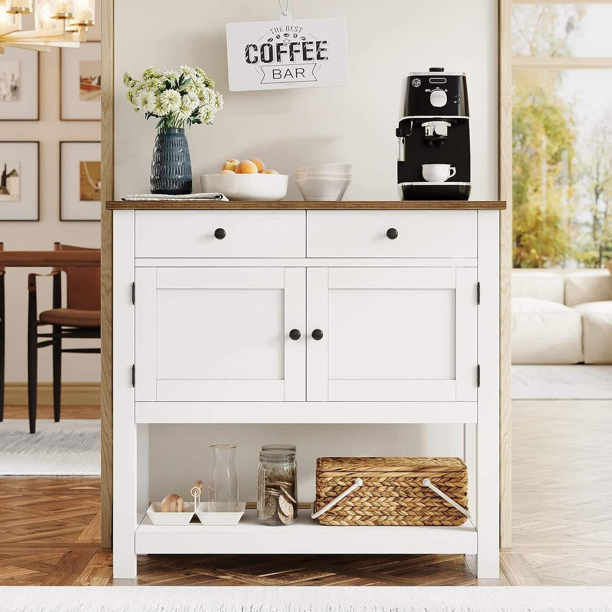 White cabinet with wooden top in a living room setting, featuring a coffee bar sign.