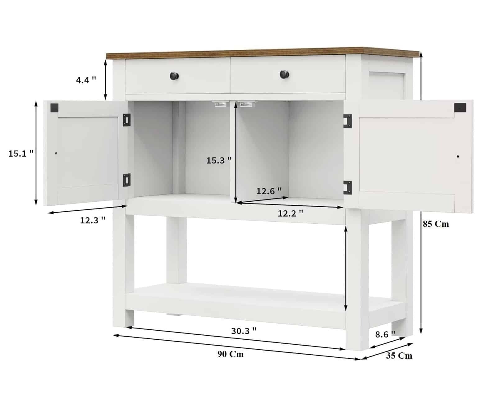 White kitchen island with dimensions labeled on a white background