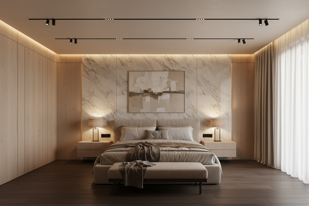 image for double bedroom with gypsum board flat for the ceiling , floors with HDF dark brown in modern style with spot lights and  only 2 lines of simple magnetic track on ceiling, color pallet beige with wooden cladding and marble cladding behind the beds wall  to be add as a image for product in shopify 
