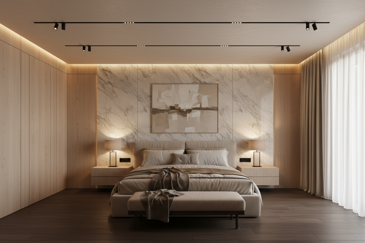 image for double bedroom with gypsum board flat for the ceiling , floors with HDF dark brown in modern style with spot lights and  only 2 lines of simple magnetic track on ceiling, color pallet beige with wooden cladding and marble cladding behind the beds wall  to be add as a image for product in shopify 