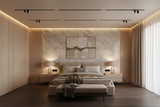 image for double bedroom with gypsum board flat for the ceiling , floors with HDF dark brown in modern style with spot lights and  only 2 lines of simple magnetic track on ceiling, color pallet beige with wooden cladding and marble cladding behind the beds wall  to be add as a image for product in shopify 