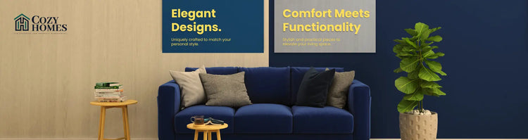 Blue sofa in a living room with Cozy Homes branding and text about design and functionality. interior design
