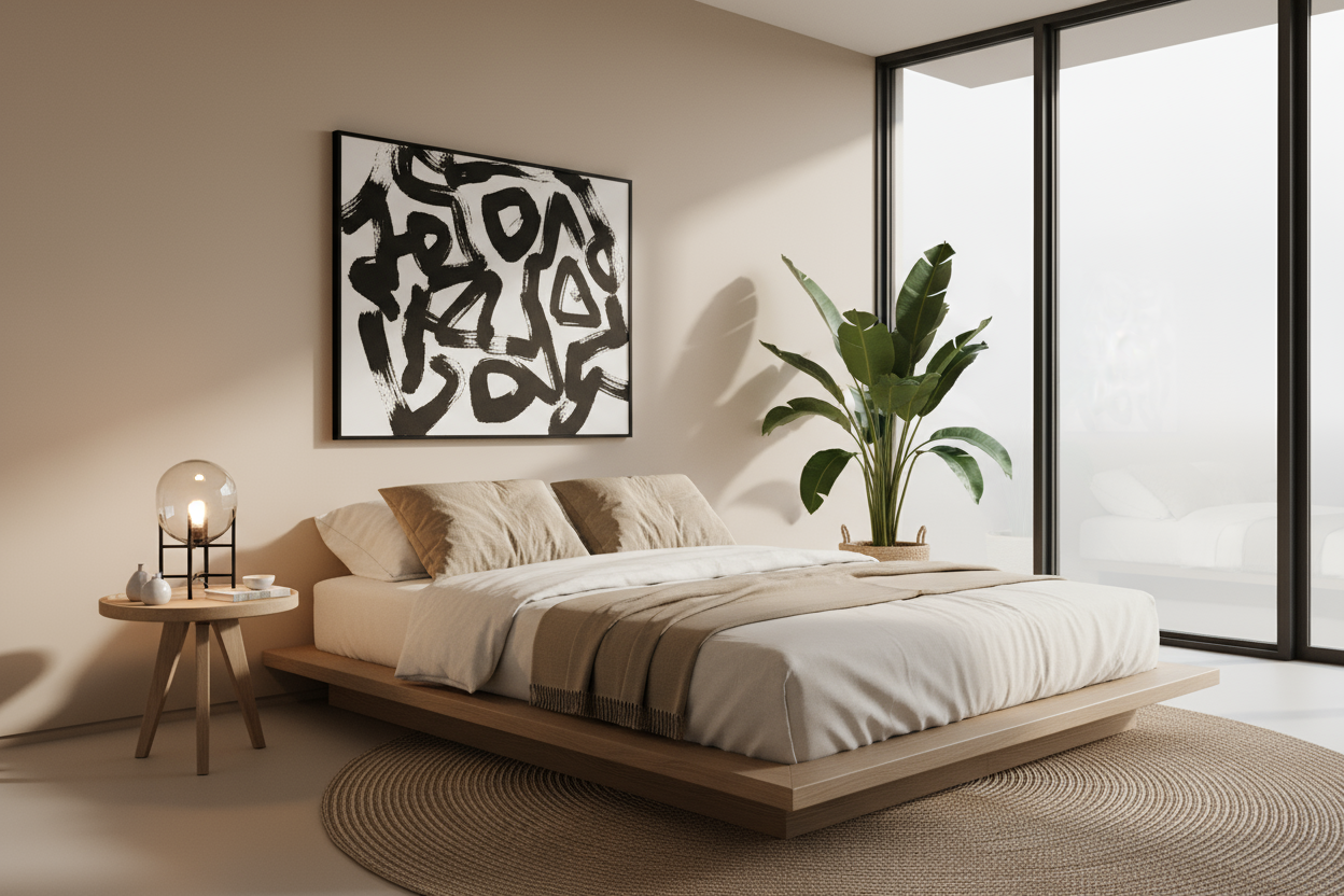 Modern minimalist bedroom interior, low wooden platform bed with white and beige bedding, large black-and-white wall art above the bed, bedside table with spherical lamp, natural light through floor-to-ceiling glass windows, indoor tropical plant, beige walls, woven jute rug, serene and cozy atmosphere, neutral tones, realistic lighting, architectural photography style --ar 3:2 --v 6 --style raw --q 2 --uplight show the bed wall view 