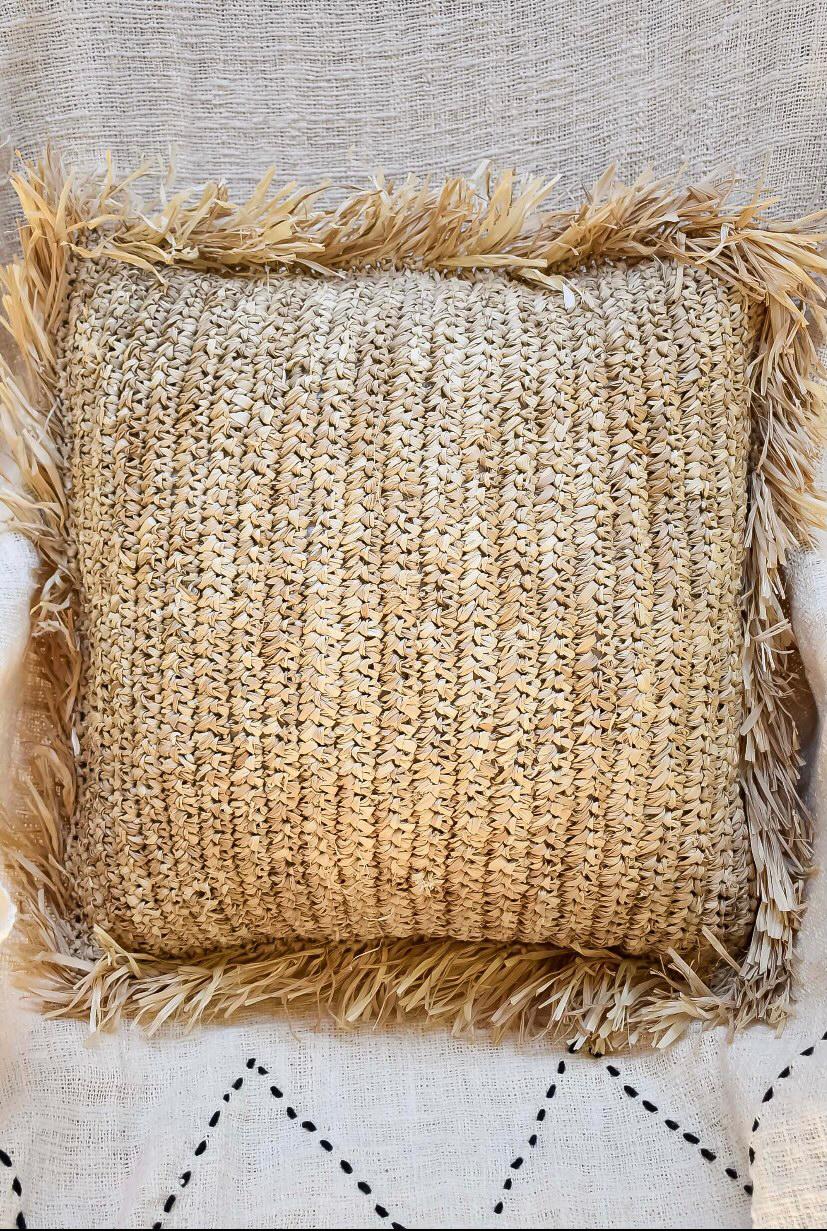 Square Raffia Cushion with Fringe
