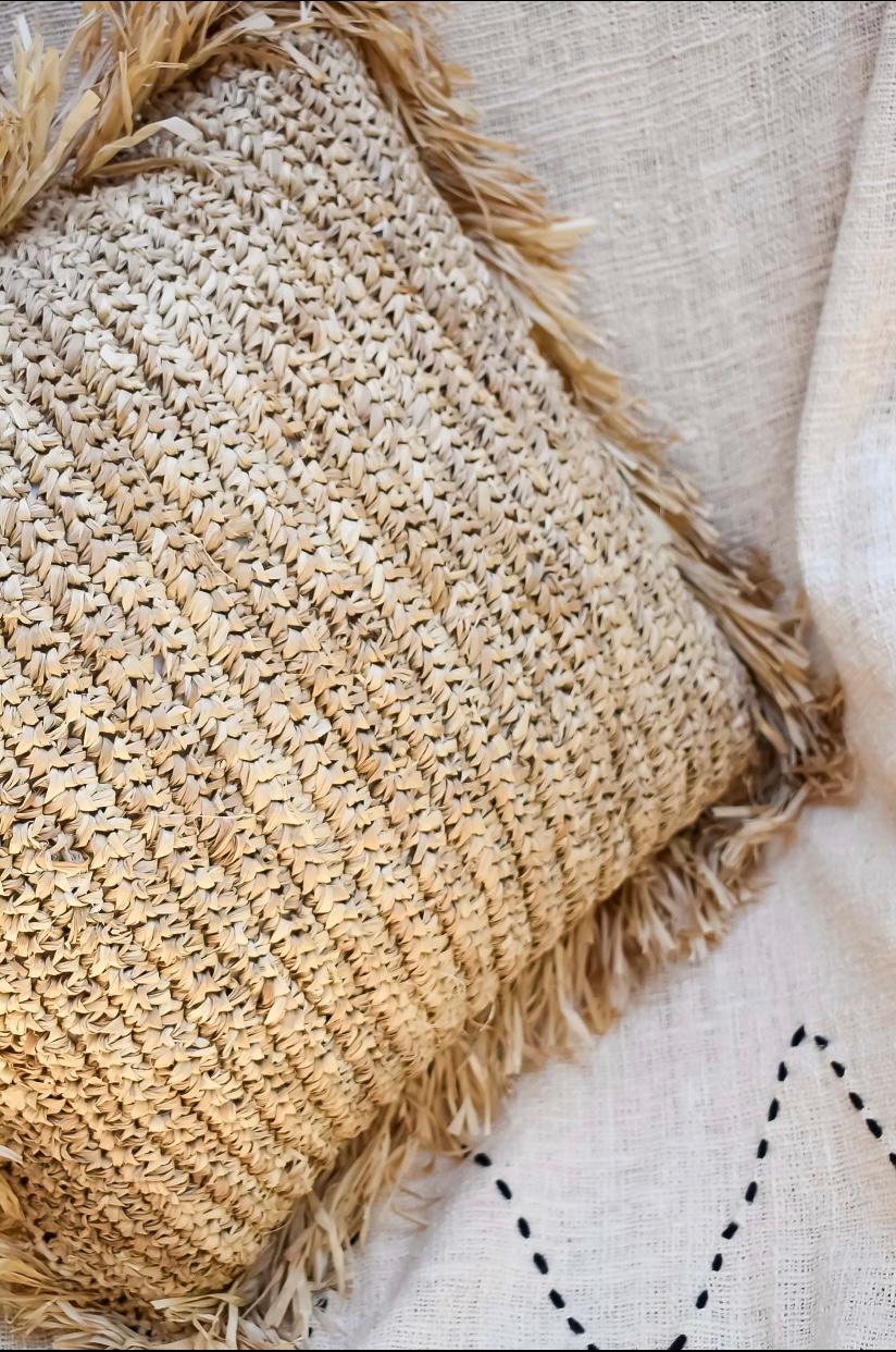 Square Raffia Cushion with Fringe