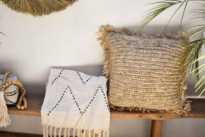 Square Raffia Cushion with Fringe