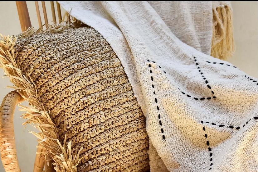 Square Raffia Cushion with Fringe