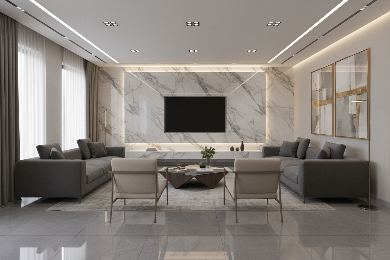 reception size 5 * 6 in modern design with marble cladding behind the tv unit wall 