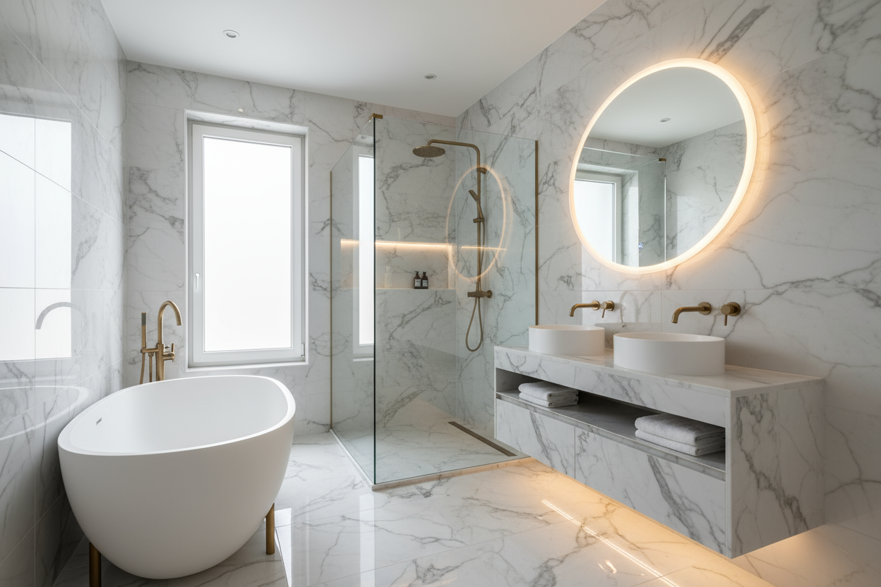 show wide angel for a bathroom in porcelain with marble effect luxurious effect bathroom size 2.5 * 2 