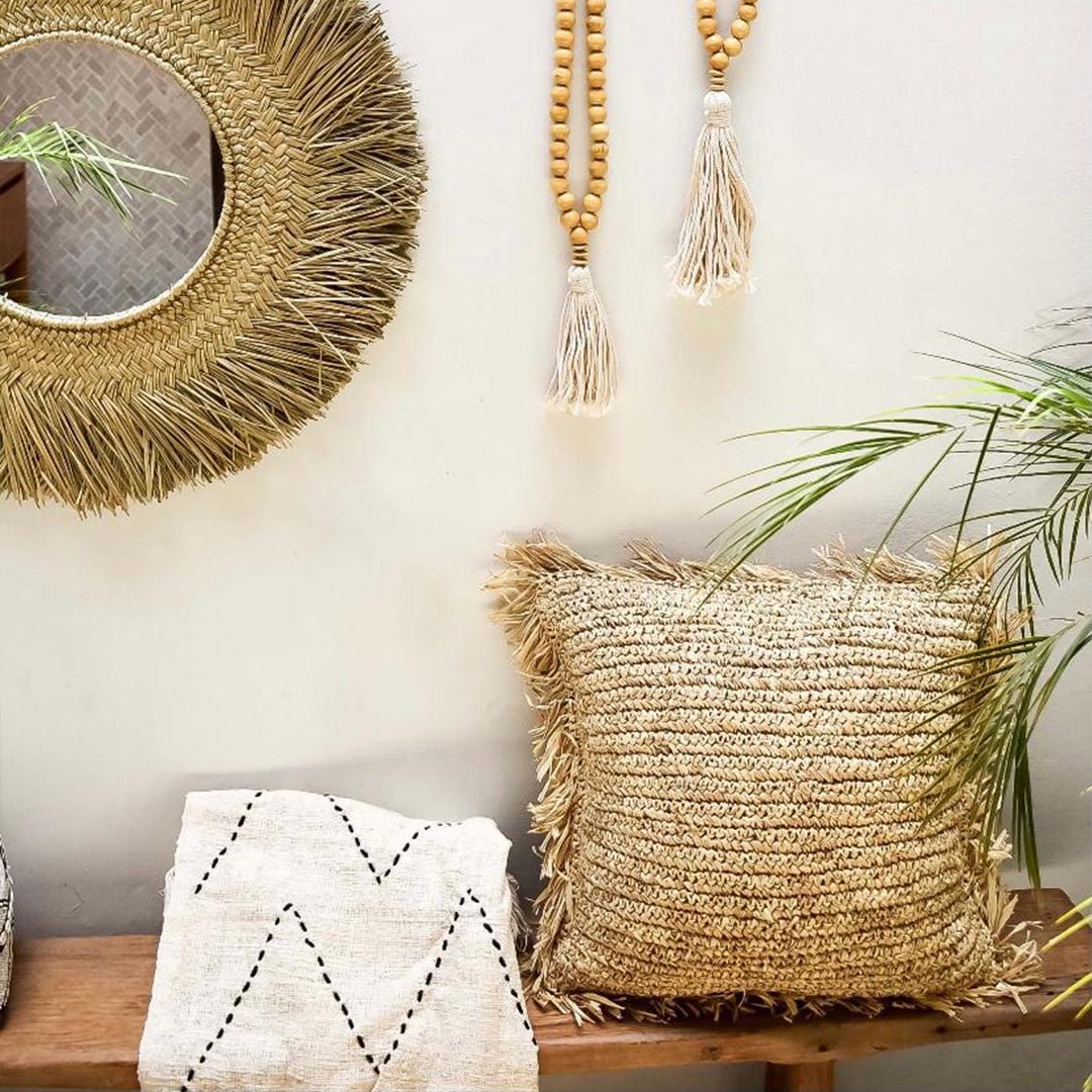 Square Raffia Cushion with Fringe