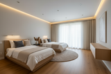 wide angel for bedroom in modern style for 2 single bed with brown HDF at floors with few round small spot lights and cove warm light on ceiling 
